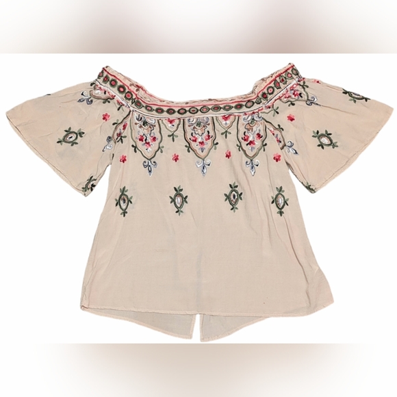 Democracy Women's Medium Beige Colorful Embroidered Huipil Off-Shoulder Blouse - Picture 2 of 9